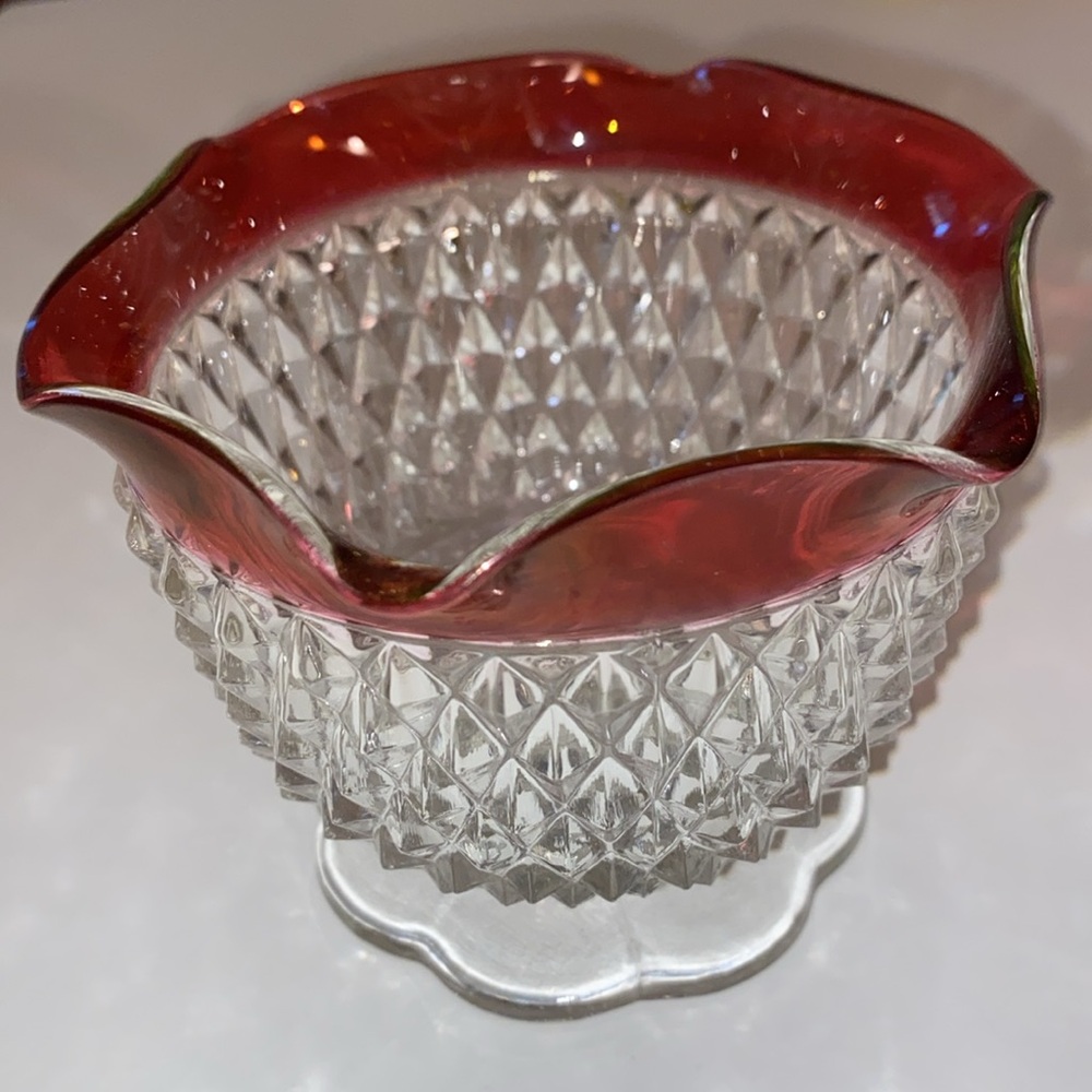 Indiana Glass Red and White with Diamond Cut Design Bowl